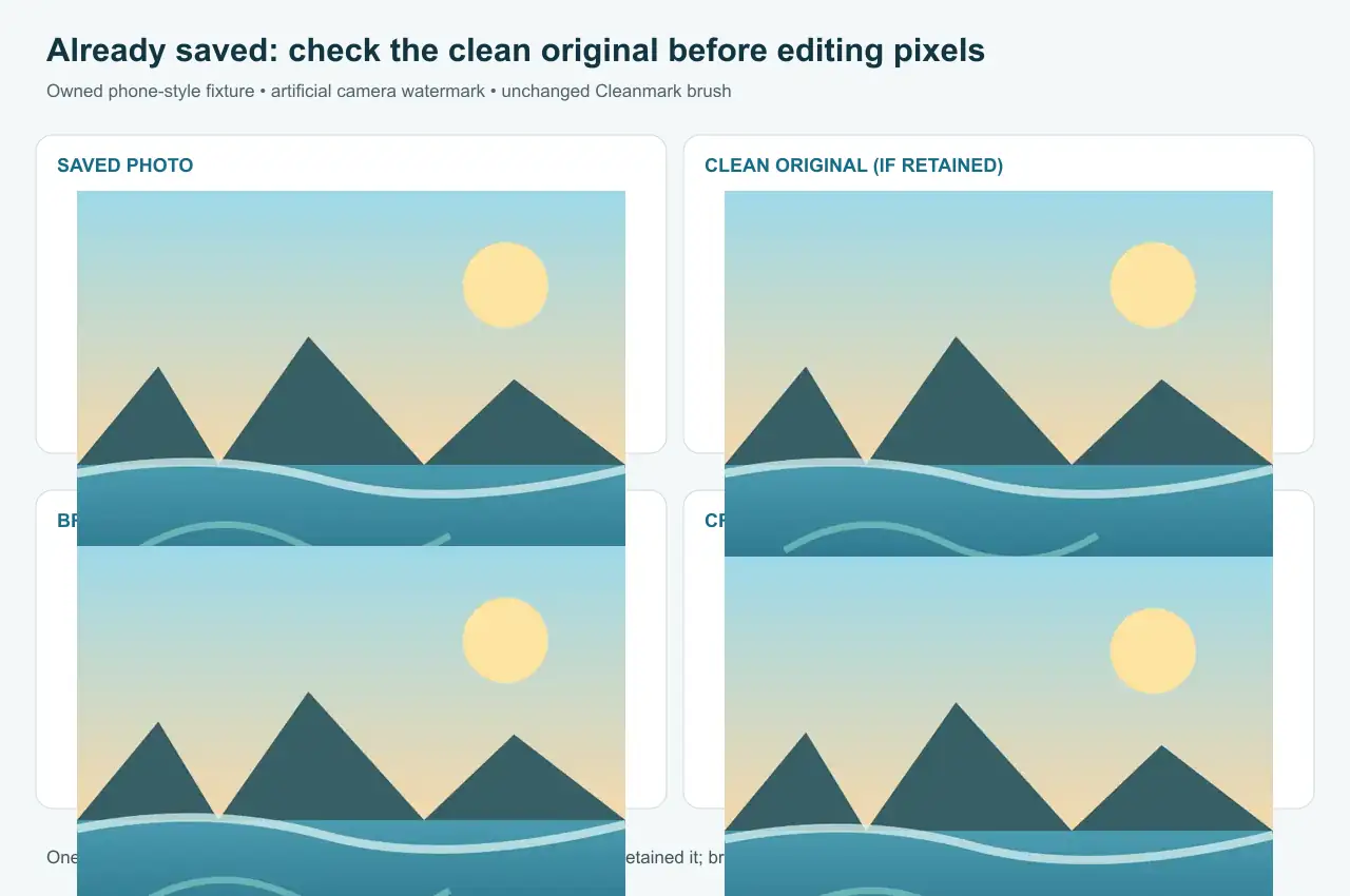 Controlled comparison of an already-saved watermarked photo, retained clean original, brush result and crop result