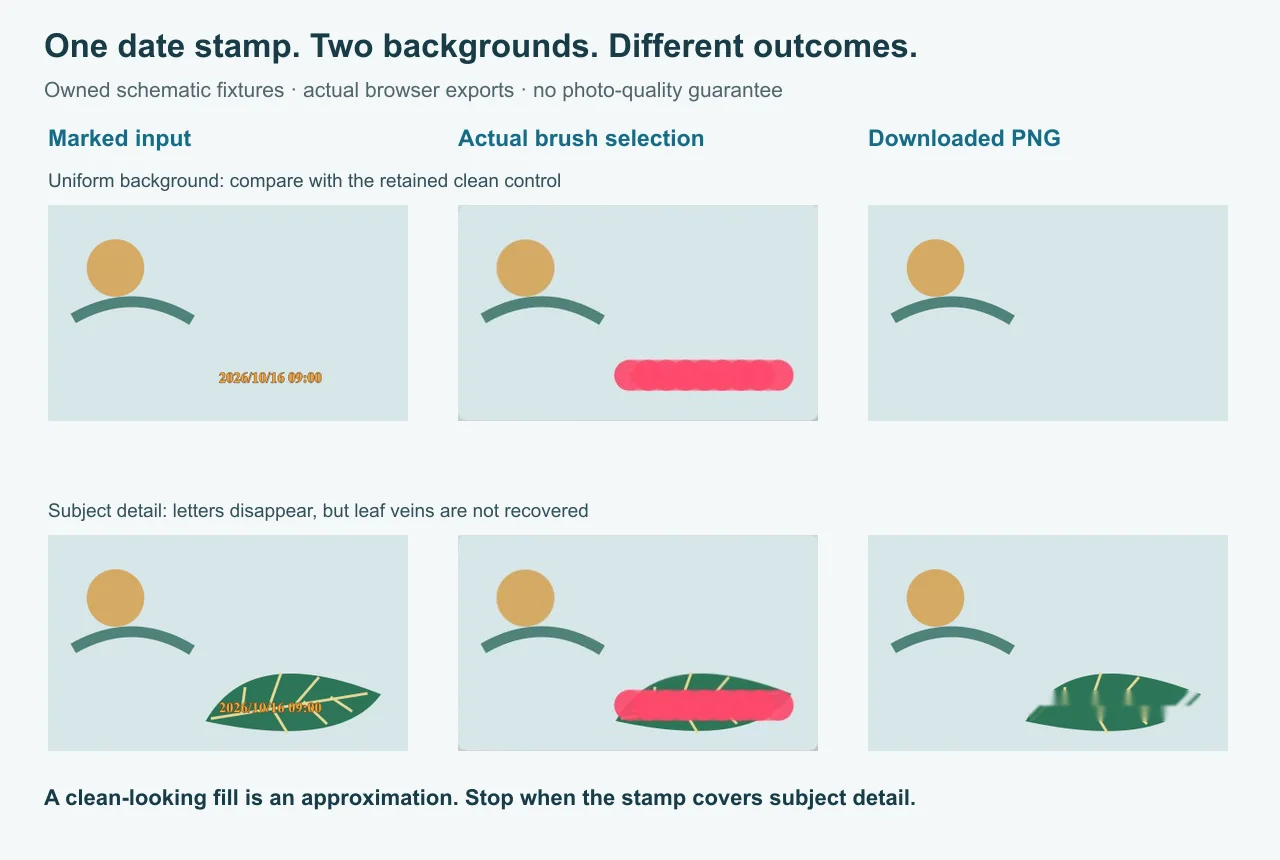Actual paired date-stamp test: marked inputs, browser selection screenshots, and downloaded results on plain and detailed backgrounds