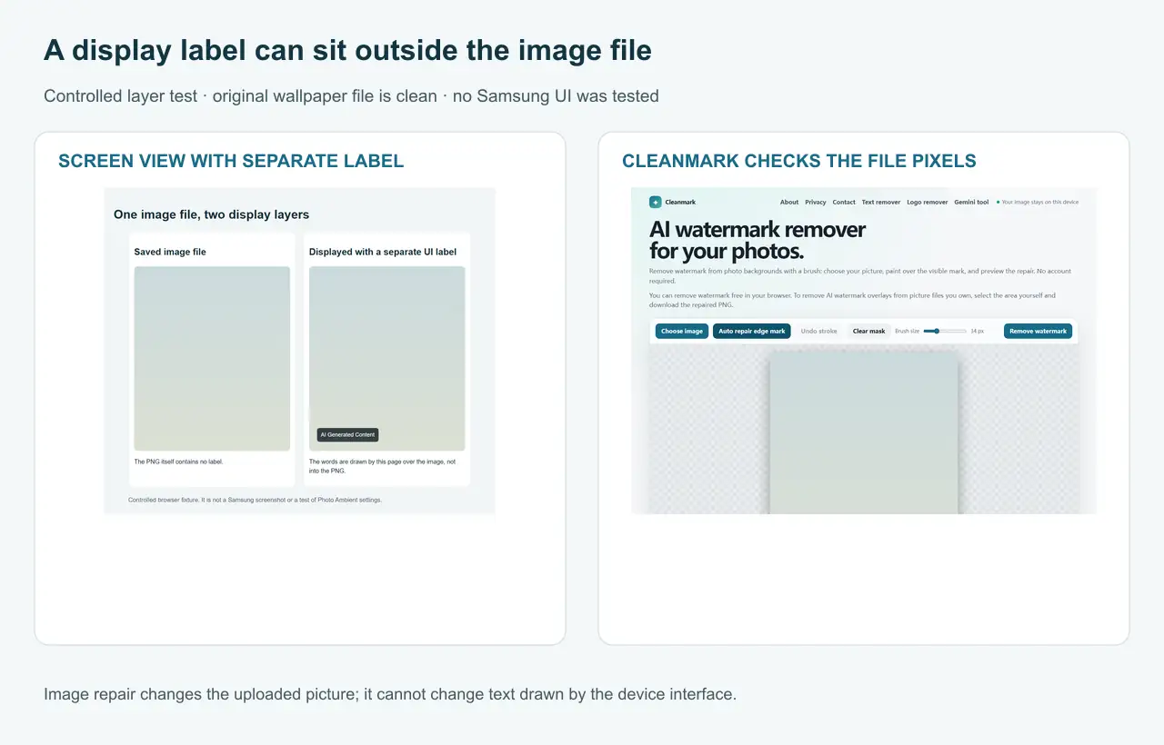 Controlled demonstration: a clean image file, a separate on-screen label layer, and Cleanmark's no-mark response