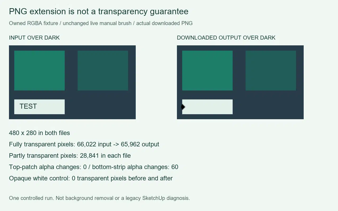 Owned transparent PNG and actual browser output over a dark display backing, with measured alpha counts