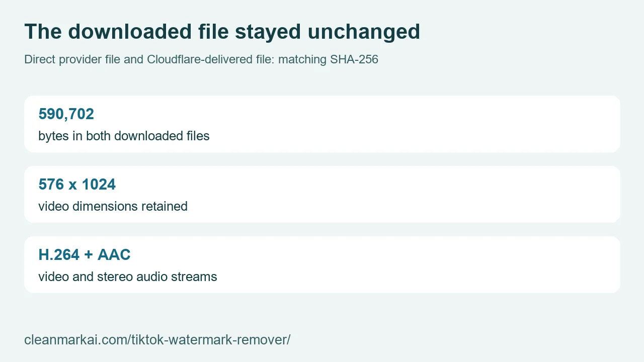 Actual MP4 check: 590,702 bytes, matching SHA-256, 576 by 1024 video and an AAC stereo audio stream